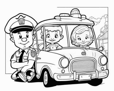 Розмальовка поліцейського в кашкеті біля маленької машини з хлопчиком і дівчинкою